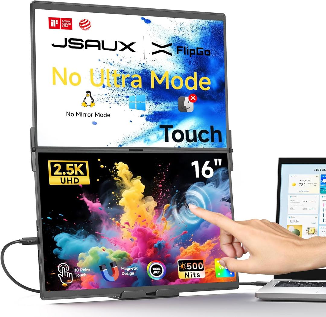 JSAUX FlipGo Touchscreen 16" Dual Portable Monitor, 2.5K Triple Laptop Touch IPS Screen Foldable Extender for Laptop[Windows/Linux] One Cable to Dual/Magnetic Design/Built-in HUB/HiDPI Display