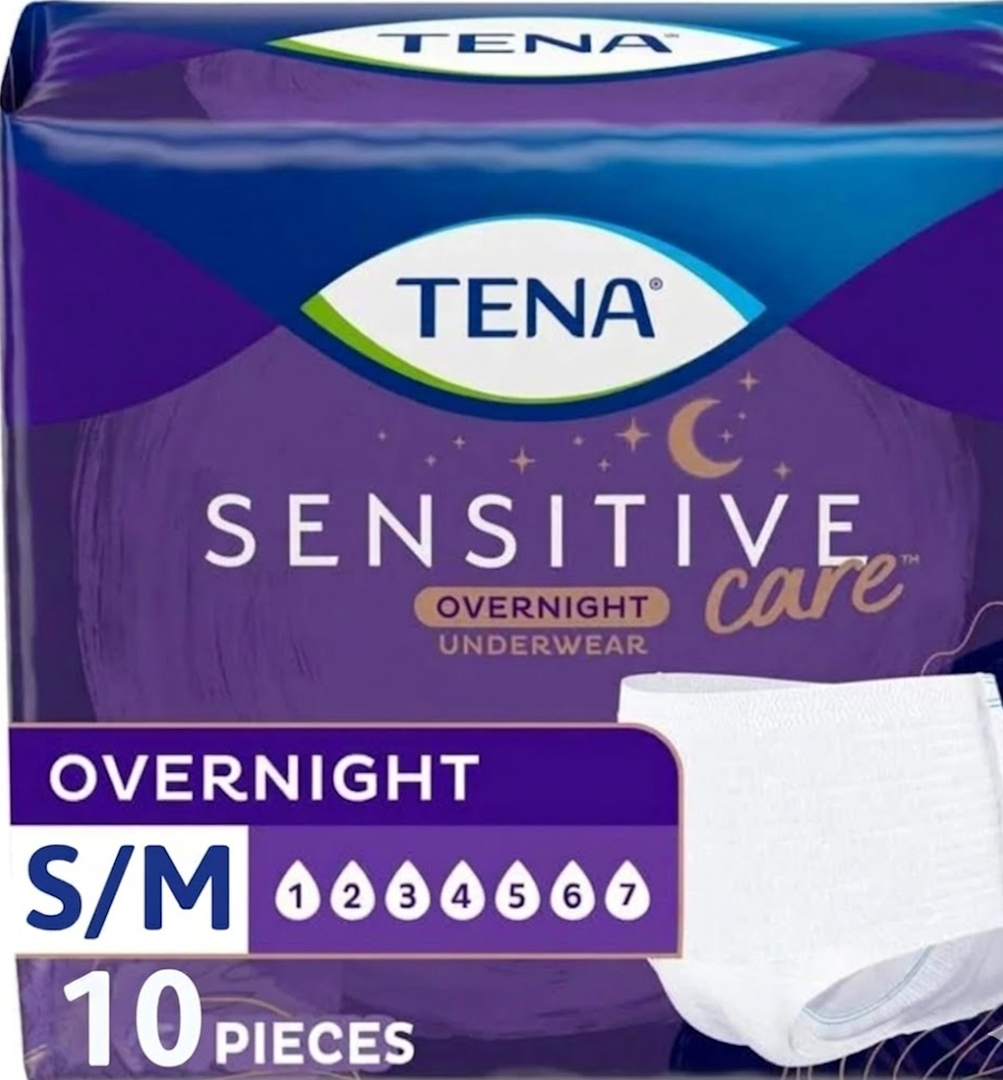 Tena Sensitive Care Overnight Incontinence Underwear for Women, Bladder Control and Postpartum, Small/Medium, 10 Count (Waist Size: 25in-35in)