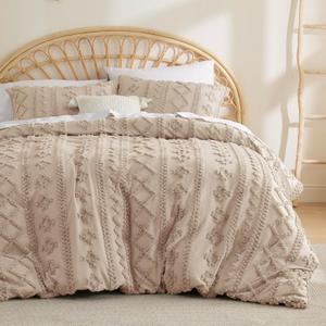 Bedsure Boho Duvet Cover Queen Size - Boho Bedding, Tufted Queen Duvet Cover for All Seasons, 3 Pieces Embroidery Shabby Chic Home Bedding,Comforter Not Included (Beige 90" x 90")