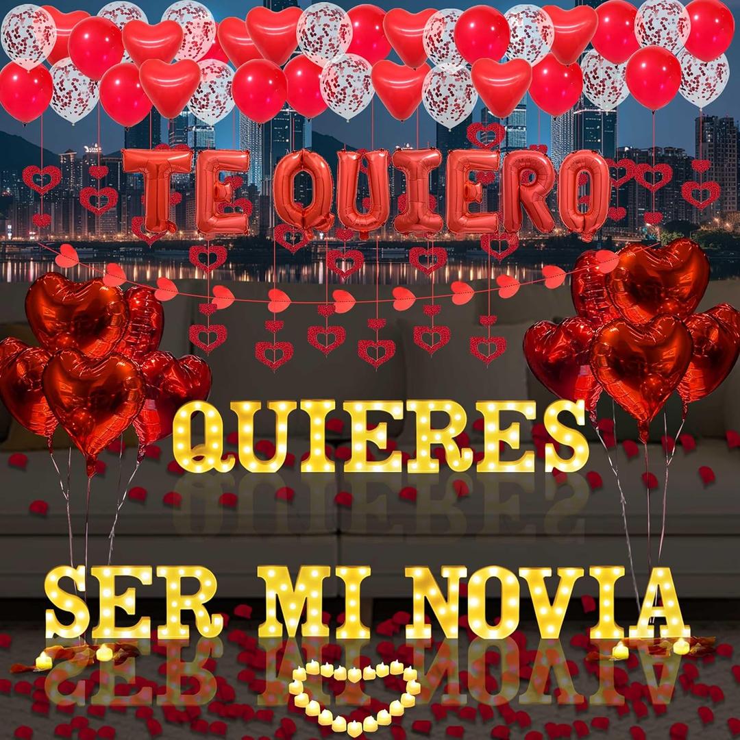 Quieres Ser Mi Novia Light Up Letters Proposal Decorations, 17Pcs 6.3" Letter Signs, 24Pcs Flameless Candles 2000Pcs Red Artificial Rose Petals 45Pcs Latex Balloons 10Pcs Heart Balloon Valentine's Day