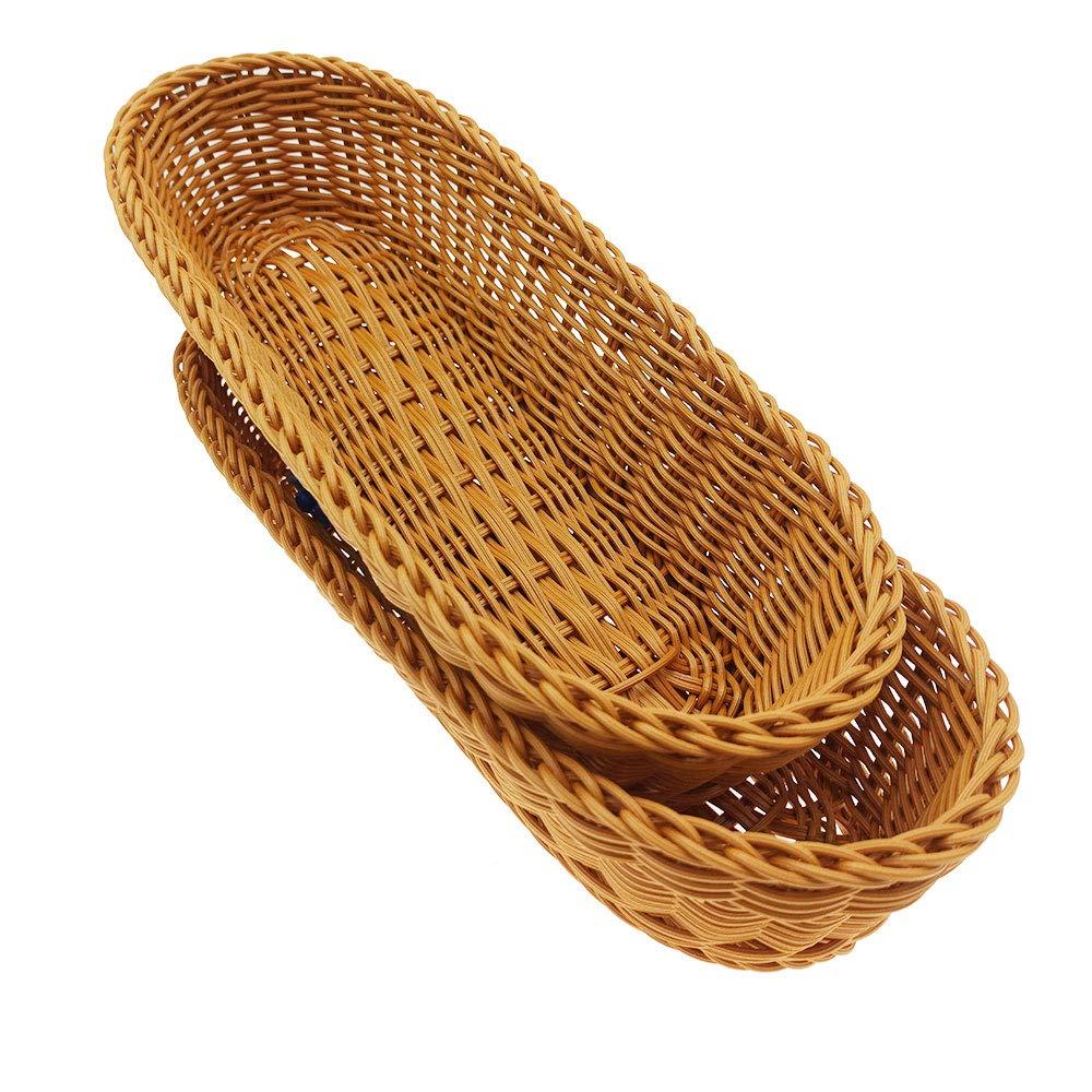 Teng Lang 14"Poly-Wicker Bread Basket, Handwoven Woven Tabletop Food Fruit Vegetables Serving, Restaurant Serving Basket,Brown(2 Pcs)