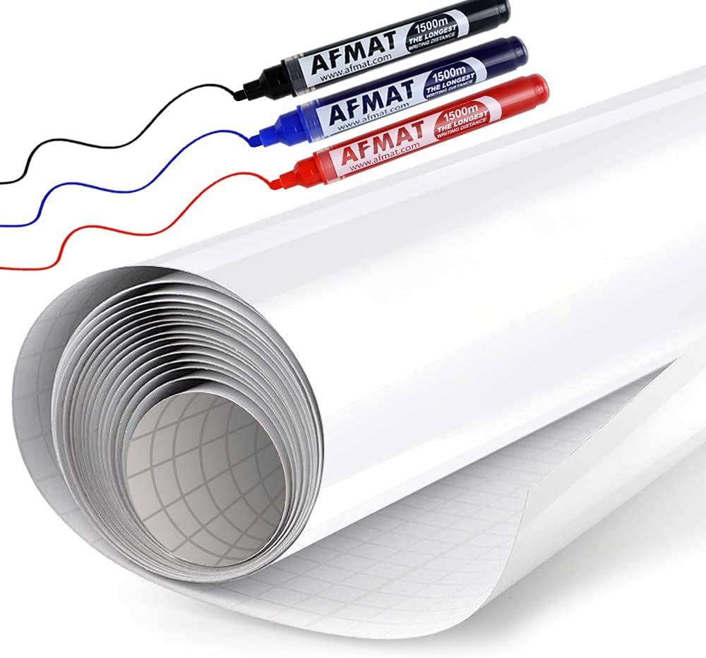 AFMAT White Board Sticker for Wall, 1.44x11ft Peel and Stick Whiteboard Wallpaper, Stain-Proof & Super Sticky Dry Erase Wall Decal, Dry Erase Contact Paper Roll Adhesive for Table/Door, 3 Markers WS11