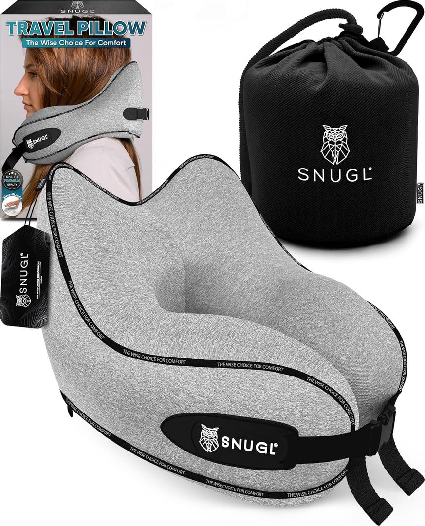 SNUGL Travel Pillow  Memory Foam Pillows - Neck Pillow for Airplane with Carry Bag & Clip  Neck Support Pillows for Pain Relief - Airplane Travel Essentials (Adult Regular - Grey)