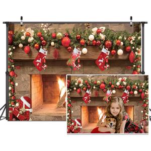 7x5ft Fireplace Backdrop Christmas Fireplace Photography Background for Wall Winter Holiday Family Merry Christmas Eve Party Decorations Banner Portrait Photo Booth Props