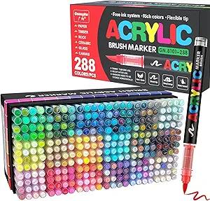 Guangna 288 Acrylic Paint Markers, Brush Tip Acrylic Paint Pens, QuickDrying Waterproof Ink, for Rock Painting Plastic Wood Canvas Glass Ceramic Metal Art Crafts Supplies Gift