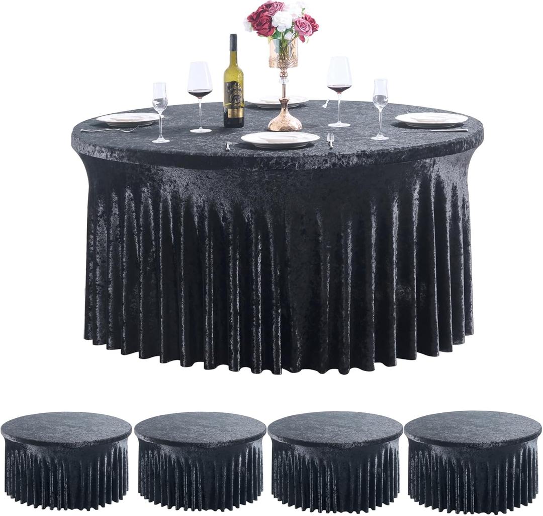 Outpain 4Pack 60 Inch Round Velvet Tablecloths - 120 Inch Stretch Spandex Table Cover with Floor-Length Skirt, Wrinkle-Free Luxury Elastic Table Cloths for Weddings,Banquets,Events (Black)