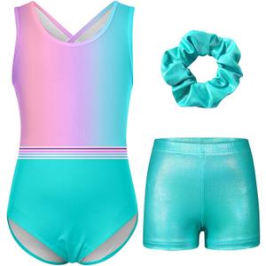 Idgreatim Gymnastics Leotards for Girls Sparkly Unitards Biketards Tumbling Shorts Activewear 5-12 Years (Blue Tie Dye)