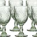WHOLE HOUSEWARES Coloured Green Vintage Wine Glass Goblet, 8.5 oz Embossed Design, Wedding, Party Glass Set of 6 (Green)
