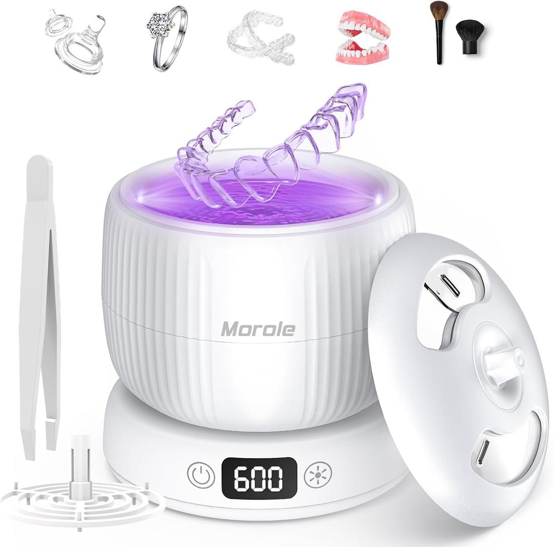 2025 Upgraded Ultrasonic Retainer Cleaner Machine,Separate Retainer Cleaner for Night Guards, Braces, Aligner, Jewelry, 4 Modes Denture Cleaner & Removable Base and Top Cover(White)