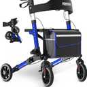 Foldable Walkers for Seniors with Seat, All Terrain Rollator Walker, 8'' PVC Wheels & Brakes, Lightweight Aluminum Alloy Frame, Height Adjustable Folding Mobility Aid for Elderly Adults,Blue