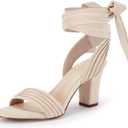 Coutgo Womens Strappy High Heels Chunky Heeled Sandals Bow Tie Lace Up Open Toe Pumps Dress Wedding Comfortable Shoes (8.5, Beige)
