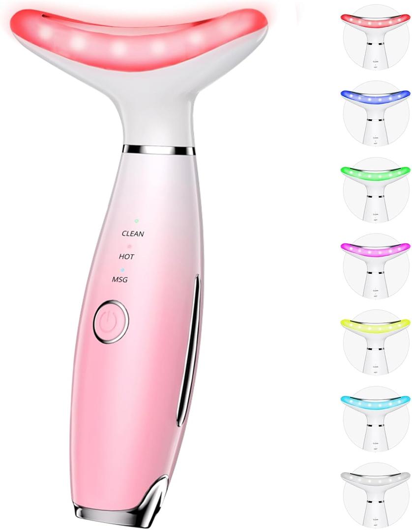 Dopsikn 7 Color Galvanic Machines  Red Light Therapy for Face and Neck, Face Massager Tool for Wrinkles, Double Chin, Vibrating Facial Massager with Thermals, Pink