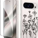 GVIEWIN for Google Pixel 10 Case/Pixel 10 Pro Case with Screen Protector, [Military Grade Drop Protection] Non Yellowing Clear Floral Slim Phone Cover for Women 2025 6.3" (Sketch/Black)