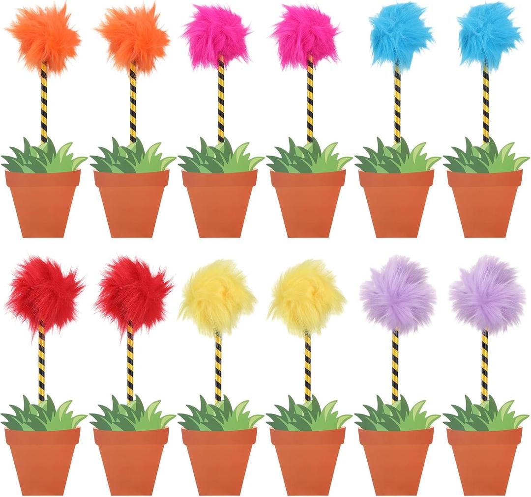 24 Pcs Fluffy Fuzzy Pens and Flower Pot Notebooks, Colorful Pompom Pens Novelty Cute Notepad Gift Set for Birthday Party Favors Office Supplies