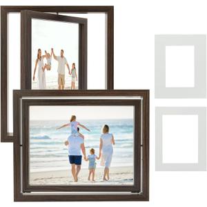 2-Pack Rotating Double Sided Picture Frame - 8x10 Floating Double Plexiglass Desk Frames Vertical/Horizontal Display, Brown Wood with 5x7/6x8 Photo Mats