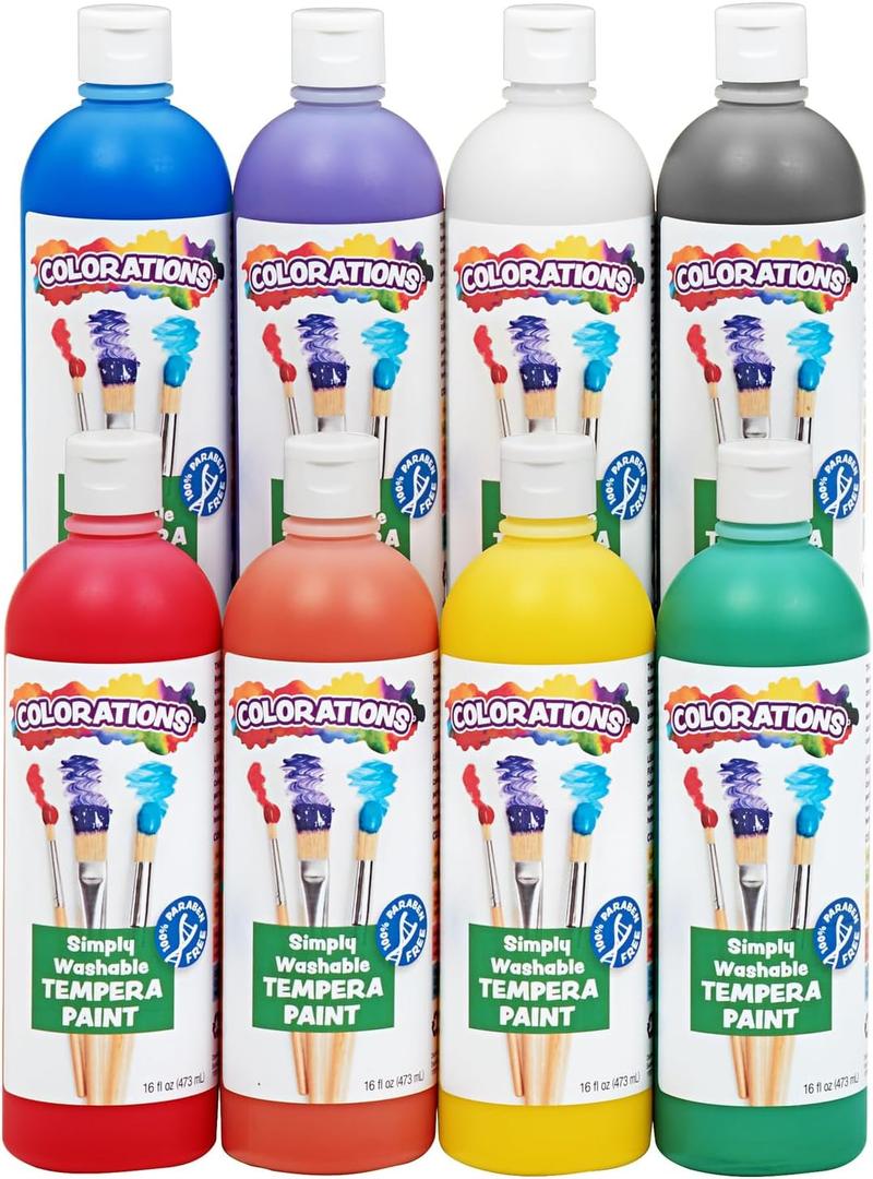 Colorations Simply Washable Tempera Paint, Rainbow Plus 8 Pack, Matte Finish, Classroom Supplies, Vibrant Colors, Non Toxic, Washes Off Easily, School, Craft, Art Supply Set, 16 oz Bottles (Assorted, 8 Colors)
