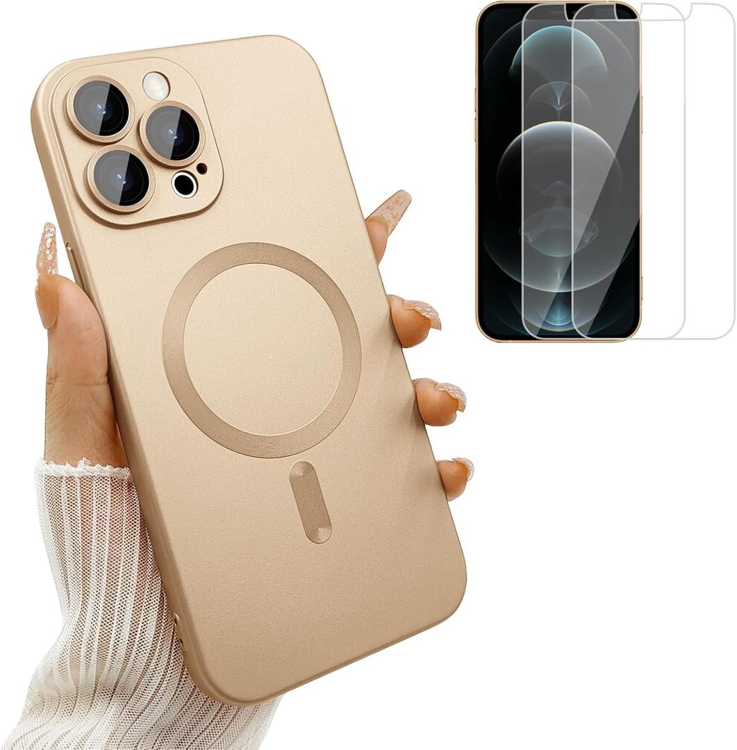 Magnetic Case for iPhone 12 Pro Max Case for Women, [Compatible with MagSafe] Matte Soft Metallic Design with Lens Protectors and 2 Screen Protectors for iPhone 12 Pro Max 6.7"-Champagne Gold