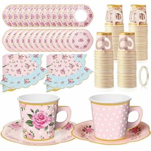 Umigy 36 Set Tea Party Decorations 6.5oz Floral Paper Tea Cups with Handle and Saucers Paper Napkins with Tape, Blossom Disposable Tea Cups and Saucers Sets for Wedding Birthday Baby Shower (Pink)