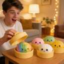 Rainbow Dumpling Squishies with Box, Colorful Mystery Squishys Dumplings Stress Relief Balls Fidget Sensory Toy,Bao Bun with Food Steamer Stretchy Desk Squeeze Toys