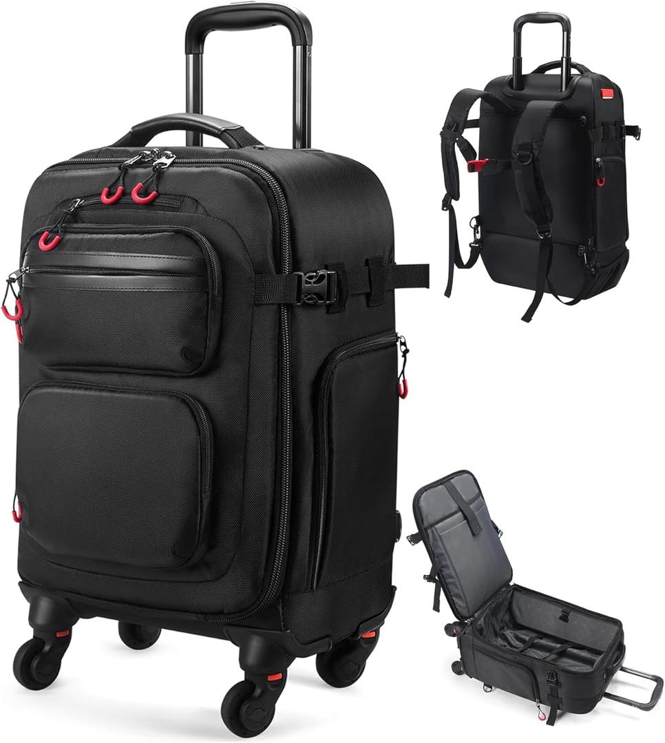 Rolling Backpack with Wheels  Airline Approved Underseat Carry-On Luggage 18x14x8, Water-Resistant Personal Item Bag with 2 Extra Replacement Wheels, Fits 15.6 Inch Laptop, Travel Backpack for Men (Black)