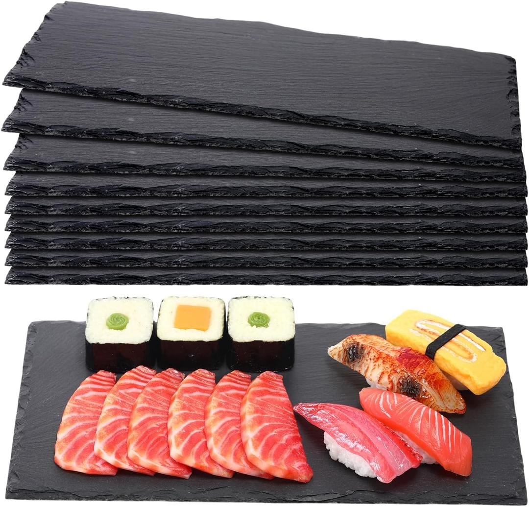 Zopeal 10 Pcs 11.8" X 5.9" Black Slate Charcuterie Boards Charcuterie Stone Plates with Natural Edge Slate Cheese Tray Serving Stone Board for Kitchen Dining Party Meat Fruits Display Chalkboard