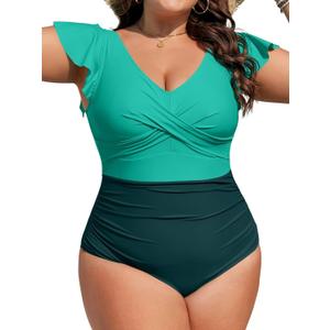 B2prity Women's Plus Size One Piece Swimsuit Tummy Control Ruffle Bathing Suit V Neck High Waist Wrap Swimwear (X-Large, Green,dark Green)