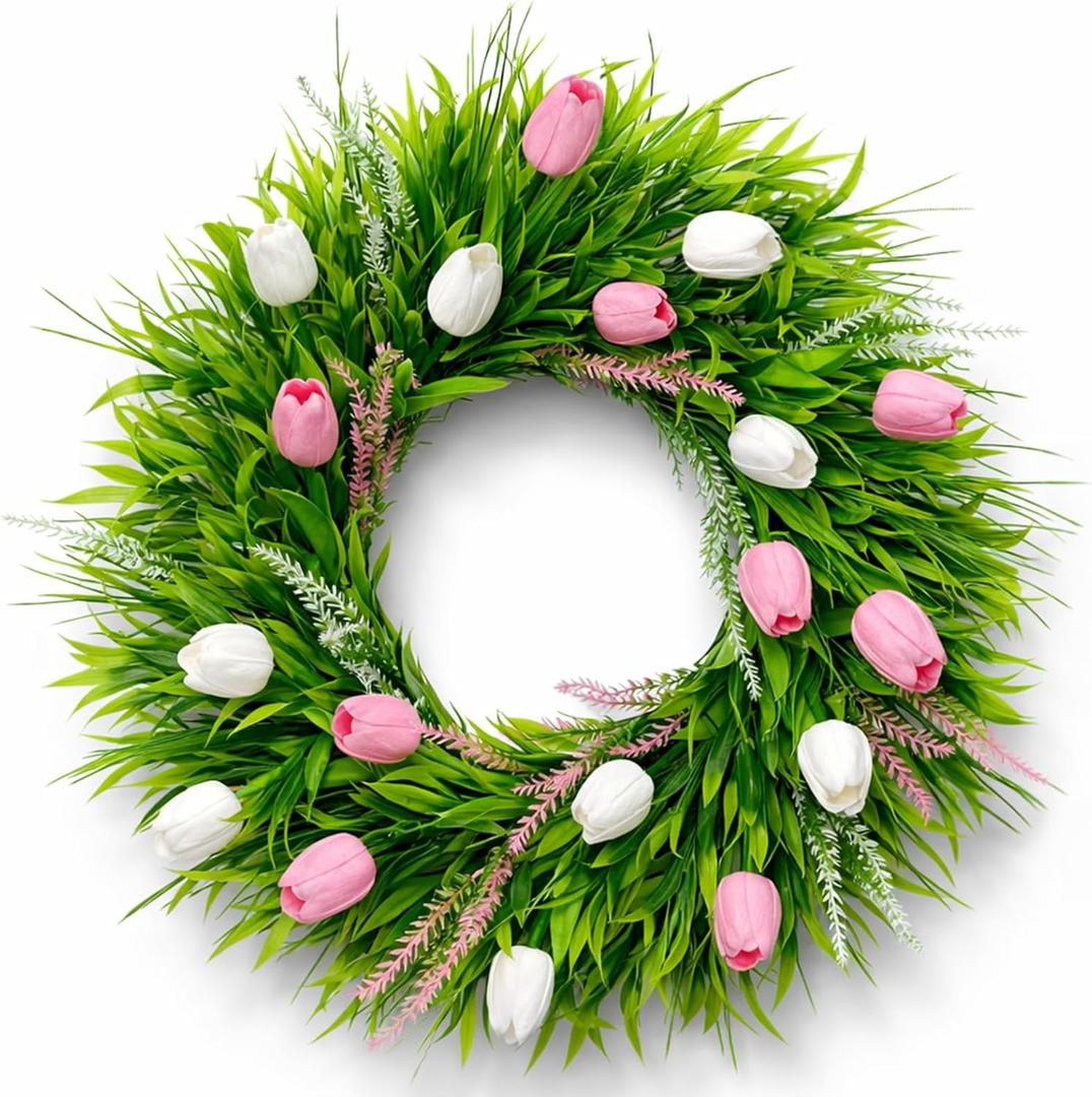 24 Inch Artificial Tulip Wreath, Spring Wreath with White Pink Tulip and Greenery for All Year Around Indoor Outdoor Home Farmhouse Wall Springtime Easter Holiday Decor