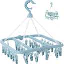 Clothes Drying Rack with 32 Clips, Foldable Hanging Rack, 360 Rotatable Hook for Drying Socks Baby Clothes Towels Gloves(Light Blue)