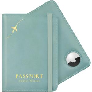 Stouchi AirTag Passport Holder, Cute Passport Holder with Airtag Slot, RFID Passport Wallet Cover for Women, Family Leather Passport Protector Case, Anti-Lost Travel Essentials, Sky Blue