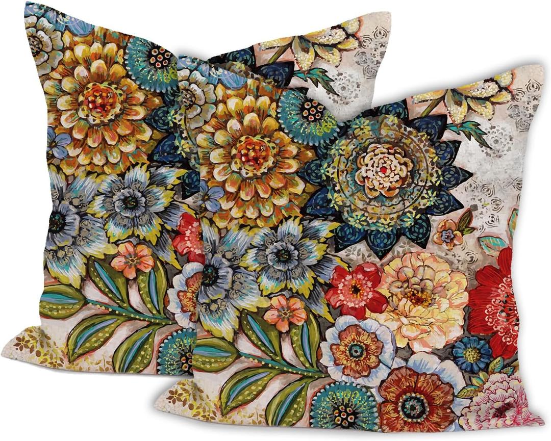 Throw Pillow Covers Pack of 2 Double-Sided Printing Home Indoor and Outdoor Sofa Bed Decor 18 x 18 Inch pillowcover (Bohemian Floral Patterns, 18x18Inch)