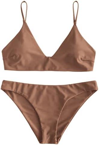 ZAFUL Women's Solid Spaghetti Strap Bralette Bikini Set Two Piece Swimsuit Large Brown
