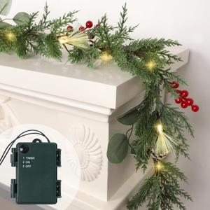 DR.DUDU Christmas Garland Decorations, 6FT Garlands with Lights Timer Indoor Decoration Pre-Lit Green Garland with Pine Cones Red Berry for Mantle Outdoor Fireplace Stairs Holiday Winter Decor