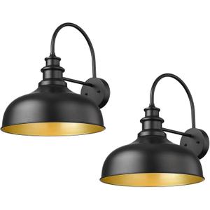 Bestshared Large Outdoor Farmhouse Barn Lights 16 Inch Dome Outdoor Wall Lantern Industrial Wall Sconces Exterior Gooseneck Mount Light,Vintage Outdoor Lighting Fixture (2Pack, Black+ Gold)