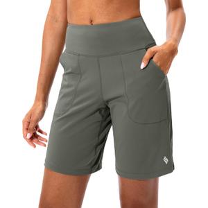 SANTINY Women's Athletic Bermuda Shorts High-Waisted Long Shorts for Women Running Yoga Lounge with Pockets(Grey Sage_L)