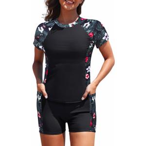 Daci Women's Two Piece Rash Guard UPF 50 - Short Sleeve Swim Shirt with Built-in Bra and Shorts with Pockets (Large, Black & Green Leaf Flower)