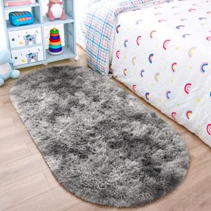 Noahas Oval Fluffy Grey Rainbow Rug 2.6X5.3 Small Kids Rugs for Bedroom Girls And Boys Aesthetic,Bedside Bedroom Rug,Ultra Soft Runner Carpet Modern Shaggy Nursery Area Rugs Home Deco (Tie-dyed Grey)