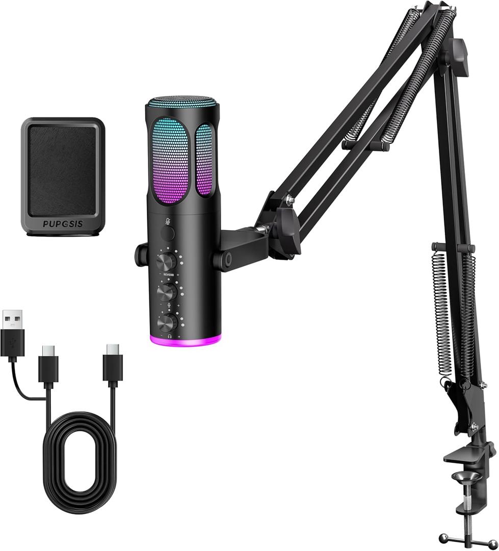 PUPGSIS Gaming Microphone for PC, USB Condenser Mic for PS4/5 and Mac, Noise Cancellation Computer Mic with Mute, Reverb, Adjustable Boom Arm, Pop Filter for Streaming/Podcasting/Recording/YouTube