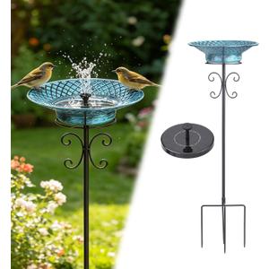 Metal Bird Bath for Outside, 37" H Free Standing Bird Baths with Removable Bowl, Solar Hummingbird Bath, 4 Prong Base Stake, 2-in-1 Bird Bath Feeder for Garden Patio Yard Lawn Decor, Blue