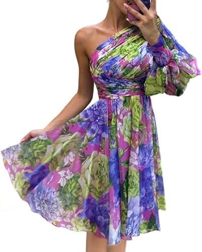 ChicMe Womens Holiday Maxi Dress Lantern Sleeve One Shoulder High Slit Floral Maxi Dress, Small