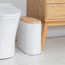 Small Bathroom Trash Can with Lid, 10L/2.6 Gal Slim Wastebasket - Odor & Pet Proof, Inner Bucket & Wood Grain Top, Plastic White Garbage Can for Kitchen, Bedroom, Living Room, Office, RV