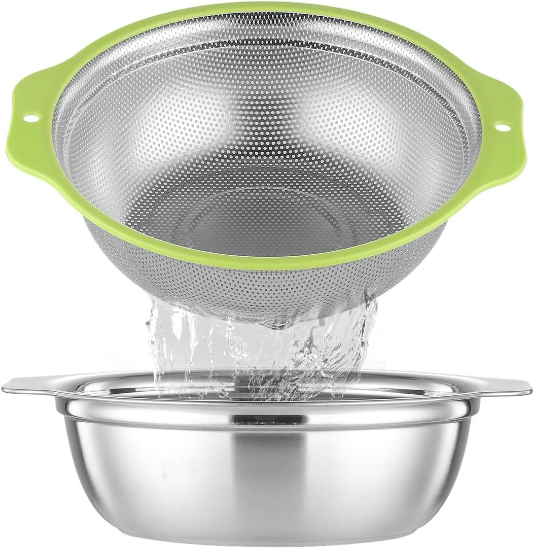 AHIABOAT Colander Stainless Steel Microporous, 2QT Rice Strainer with Mixing Bowl, Rice Washer Bowl Set with Handle, Food-Grade Strainers and Colanders for Kitchen, Pasta, Fruit, Dishwasher Safe