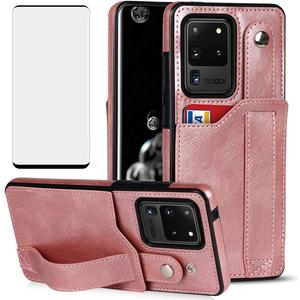 Design for Samsung Galaxy S20 Ultra 5G Phone Case with Screen Protector Adjustable Wrist Strap Kickstand Credit Card Slot Slim Shockproof Hybrid Rugged Protective Cover for Women 6.9" Rose gold