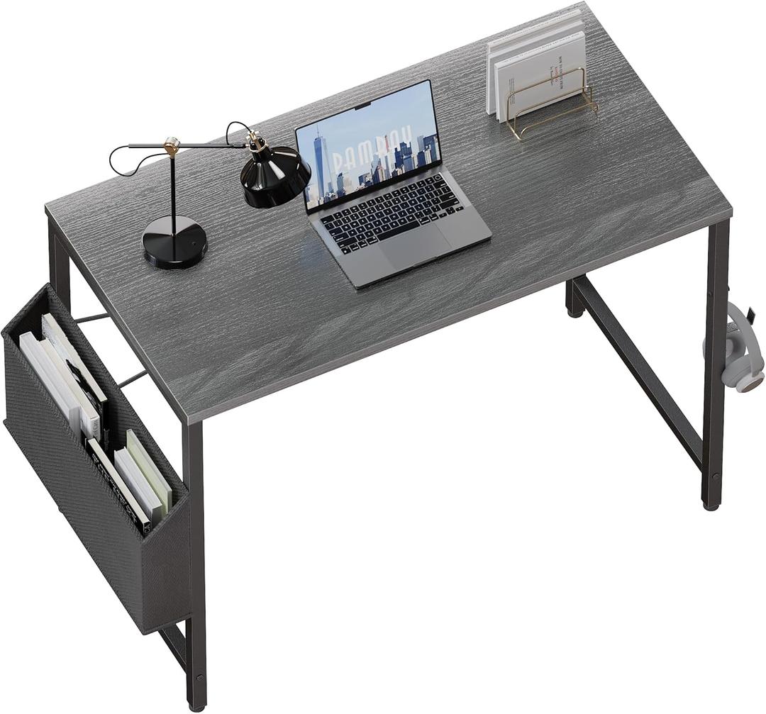 Pamray 32 Inch Computer Desk for Small Spaces with Storage Bag, Home Office Work Desk with Headphone Hook, Small Office Desk Study Writing Table (Grey)