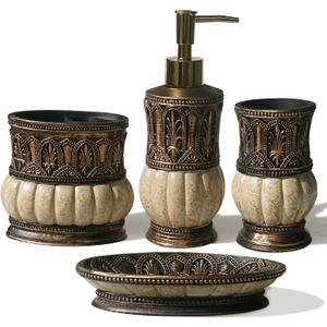 Pumkins Bathroom Accessories SetRetro Style Including 1 Cups, 1 Toothbrush Holders, 1 Soap Dishes and 1 Soap Dispenser, Home and Countertop Decoration, Vanity Organize, New Home Gift (4PCS-Brown)