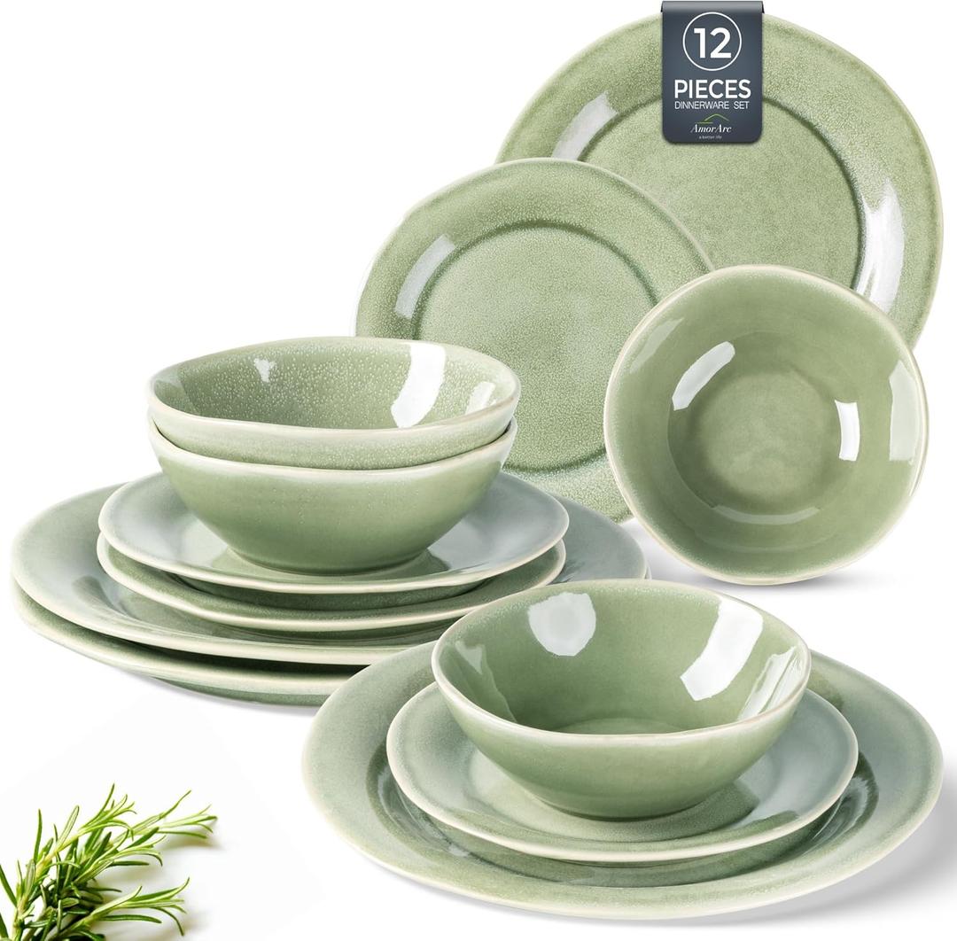 AmorArc Ceramic Dinnerware Sets, Handmade Stoneware Reactive Glaze Plates and Bowls Set, Scratch Resistant | Dishwasher & Microwave Safe Dishes Set, Service for 4 (12pc) (Olive Green)