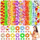 96 Pcs Hawaiian Leis for Luau Party Decorations, Tropical Themed Silk Hawaiian Flowers Leis Bulk Necklace Headband Wristband for Summer Beach Birthday Vacation Hula Dance Party Favors Supplies Decor