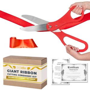 Crutello Giant Ribbon Cutting Ceremony Kit 20"Giant Scissor Set with Sharp, Red Handled Durable XL Scissors, and 30 Feet of Oversized 4"Wide Red Ribbon
