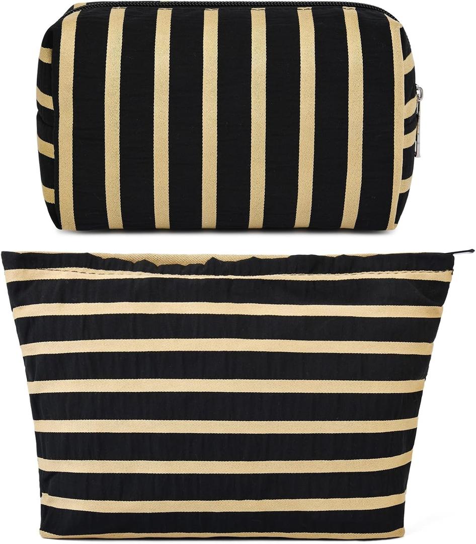 SOIDRAM 2 Pieces Makeup Bag Large Stripe Cosmetic Bag Capacity Canvas Mix Travel Toiletry Bag Organizer Cute Makeup Brushes Aesthetic Accessories Storage Bag for Women, Stripe Mix Black