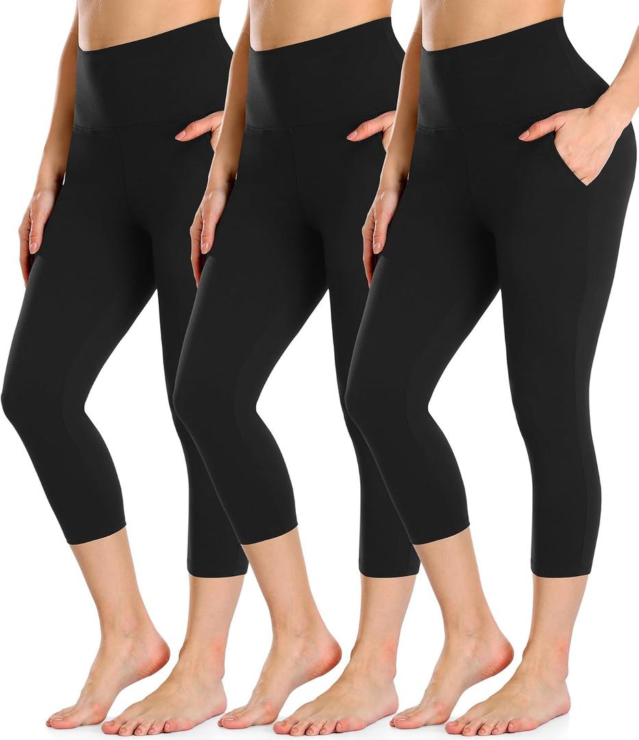 FULLSOFT 3 Pack Black Capri Leggings with Pockets for Women High Waisted Tummy Control Capris Workout Clothes for Women Gym Running Yoga Pants Summer Shorts(3 Pack Black(with Pockets),Small-Medium)