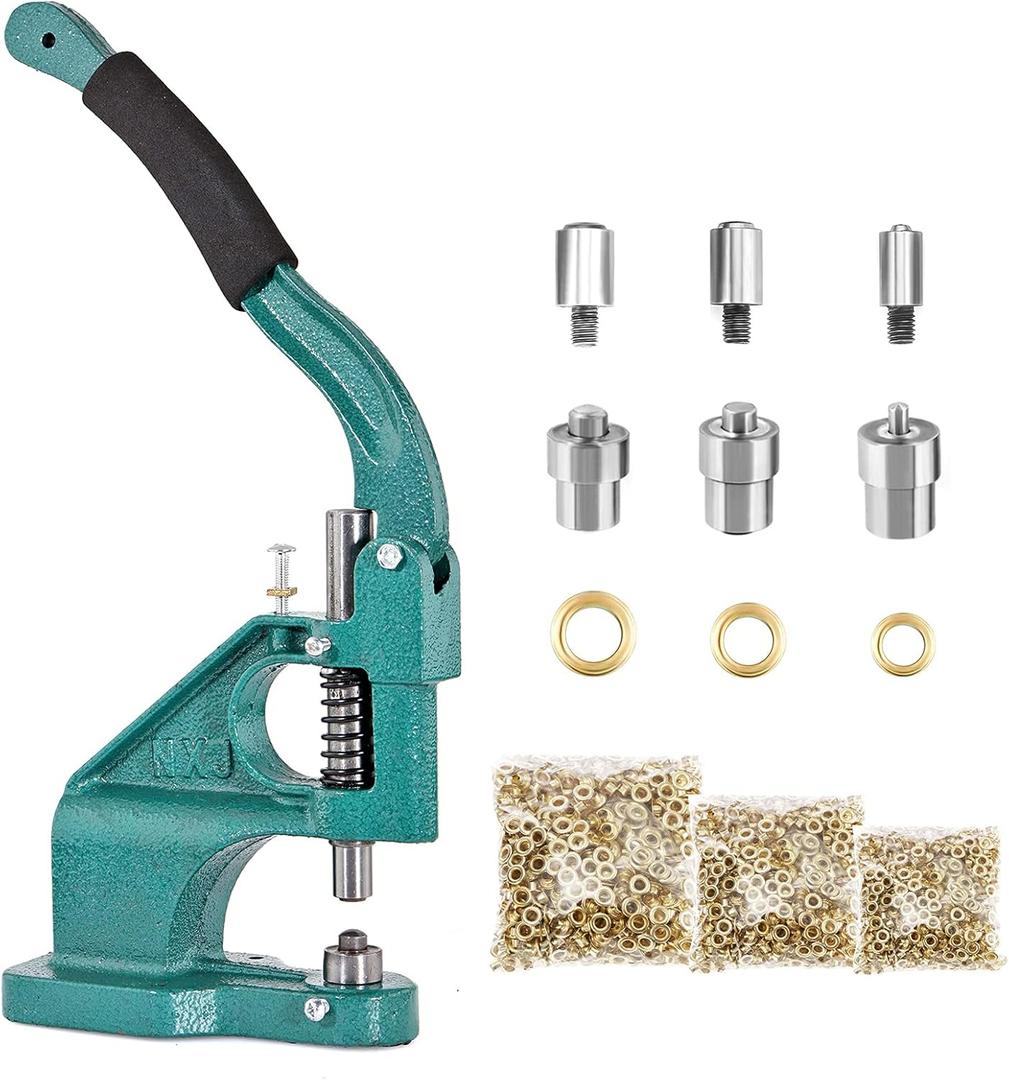BEAMNOVA Grommet Tool Kit, Heavy Duty Hand Press Eyelet Setter Machine 1/4, 3/8, 1/2 Inch (6, 10, 12 mm) Setting Dies, 1500 Golden Grommets for Fabric Banners Curtains Leather Craft